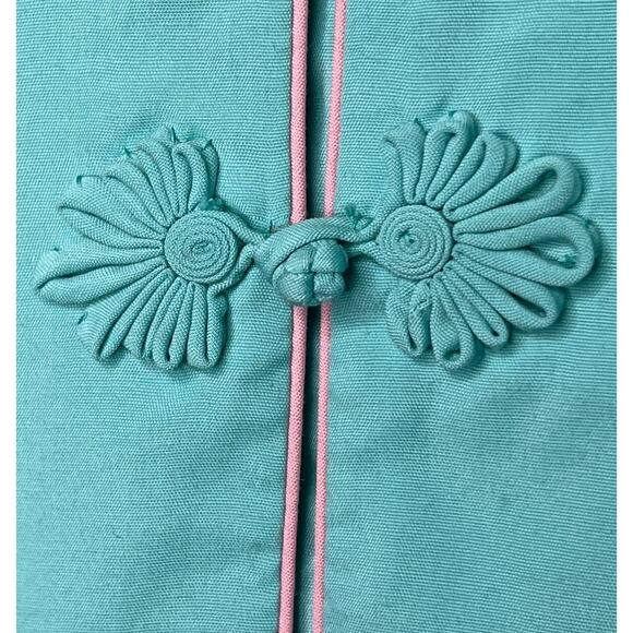 Vintage 60s Chinese Embroidered Robe Size Small Aqua Rayon House Coat Embroidery - Picture 7 of 11